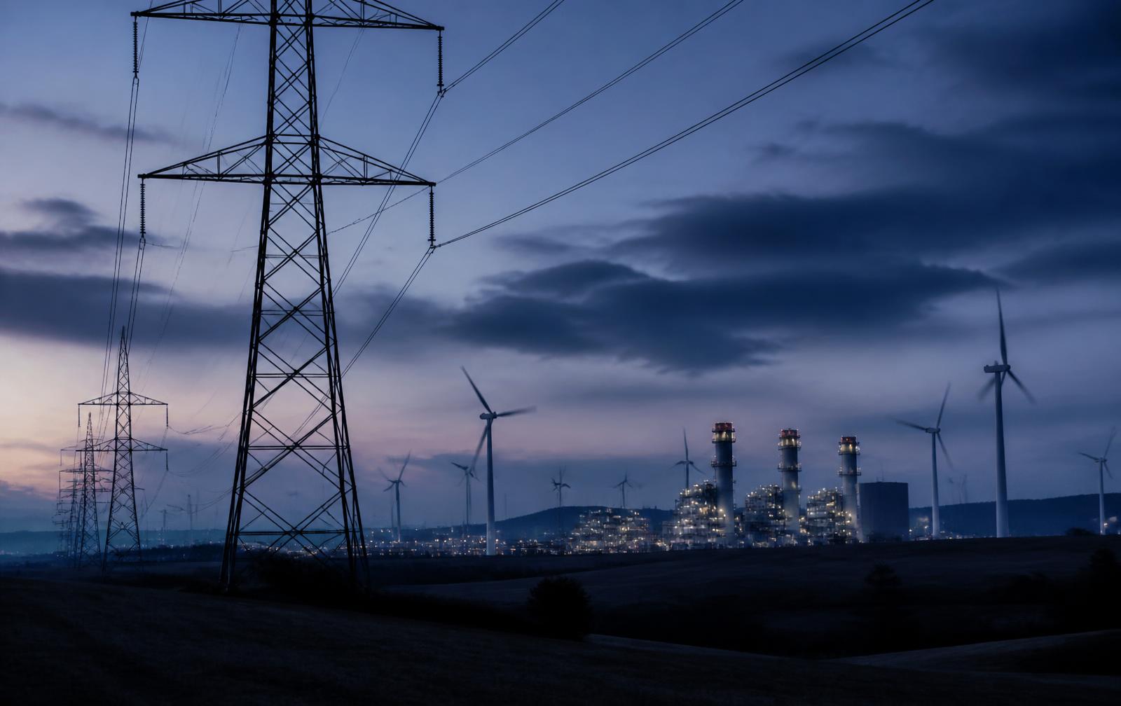 Wind farm and thermal generation plant at dusk