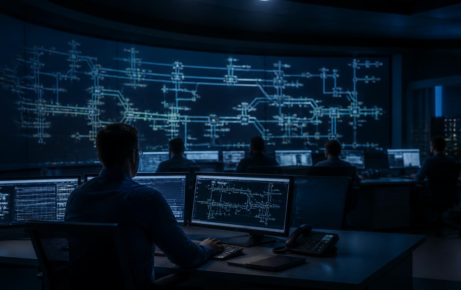 Transmission control room with grid schematic wall displays