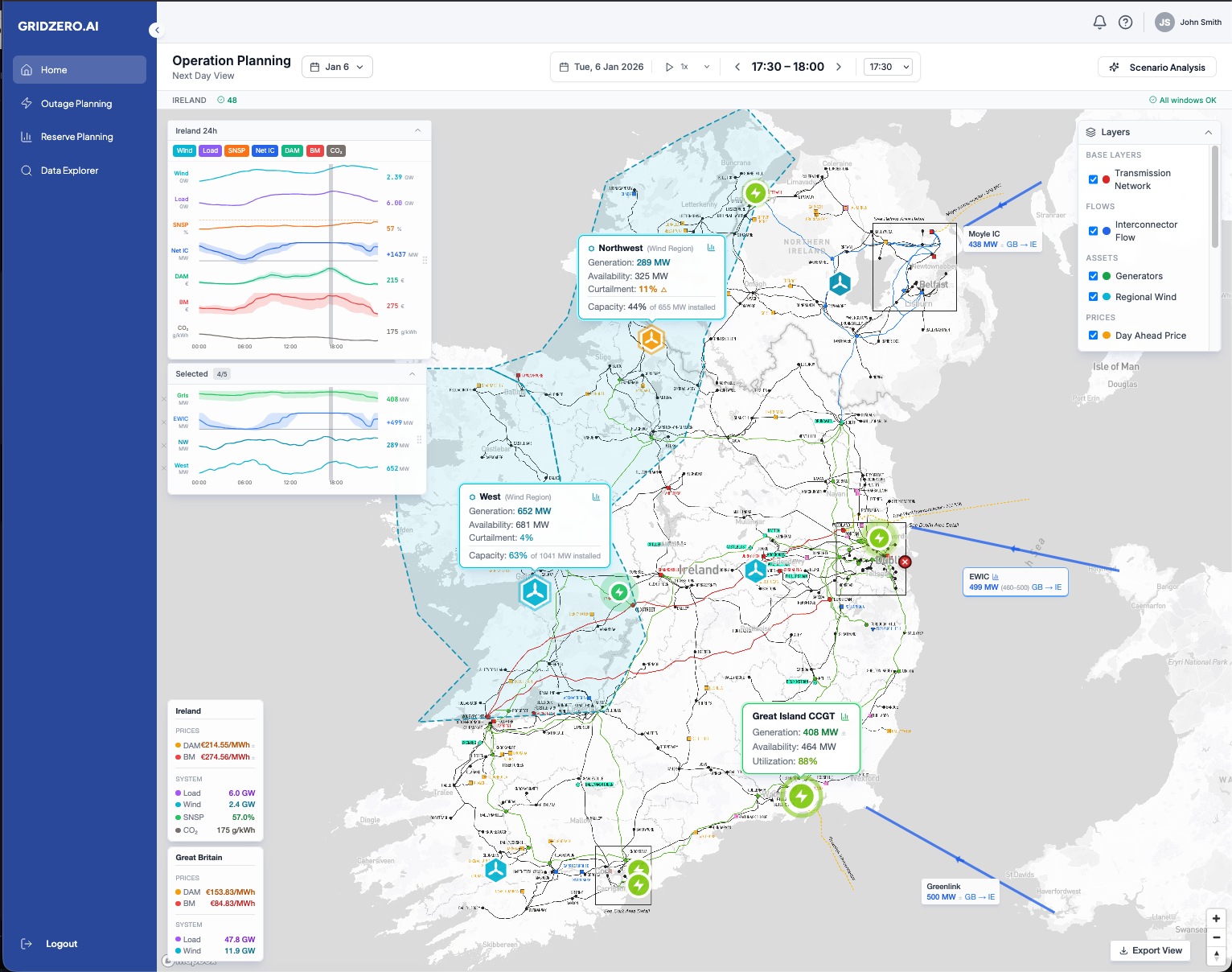 GridZero operations planning console: transmission network with wind, load and price forecasts